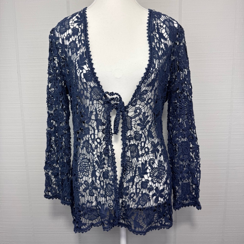 Chico’s Blue Floral Crochet Lace Open Tie Front Cardigan 3/4 Sleeves Boho 70s 1